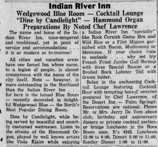 Indian River Inn (Brass Rail Bar & Grill) - Sept 22 1954 Article (newer photo)